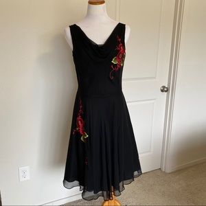 Lapis black silk embroidered floral tank dress L